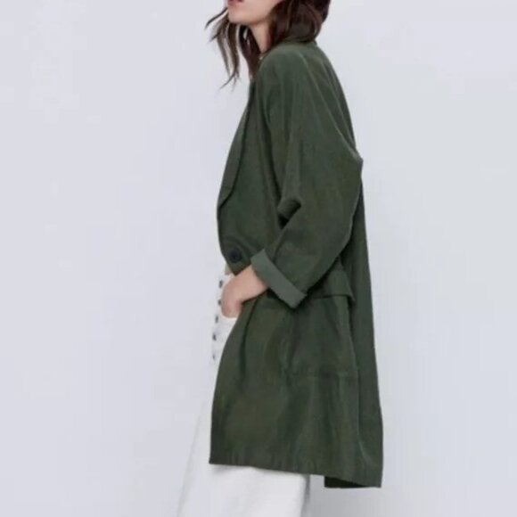 Zara Longline Oversized Linen Blend Olive Blazer Jacker xs - Picture 2 of 13